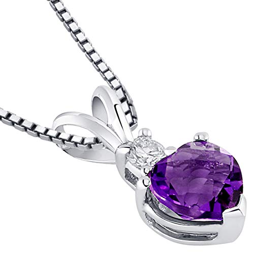 Peora Amethyst With Diamond Heart Pendant For Women 14K White Gold, Genuine Gemstone Birthstone Heart Shape Solitaire, 6Mm, 0.80 Carat Total With Chain #TOP2