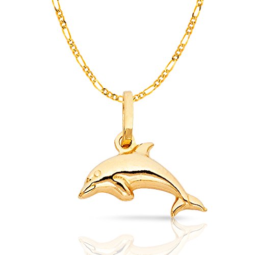 14K Yellow Gold Jumping Dolphin Prosperity Charm Pendant with 1.2mm Figaro 3+1 Chain Necklace