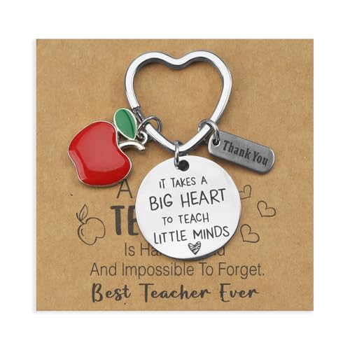 Apple Pendant Thank You Keyring, Funny Keychain with Encouraging Card for Teachers, Funny Keyring, Unique Presents, "It Takes a Big Heart to Teach Little Minds" Thank You Gift Keyrings (Circle)