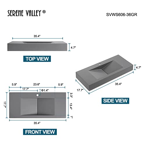 Serene Valley 36" Floating Or Countertop Bathroom Sink, V-Shape Drain Design, Solid Surface Material In Matte Gray, Svws606-36Gr #TOP1