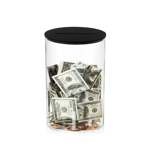 Klmnop Acrylic Piggy Bank, Openable Piggy Bank for Kids with Black Lid, Repeatable Money Saving Jar, Clear Money Jar for Cash Saving(Black 2.8\"Ã—4.5\")