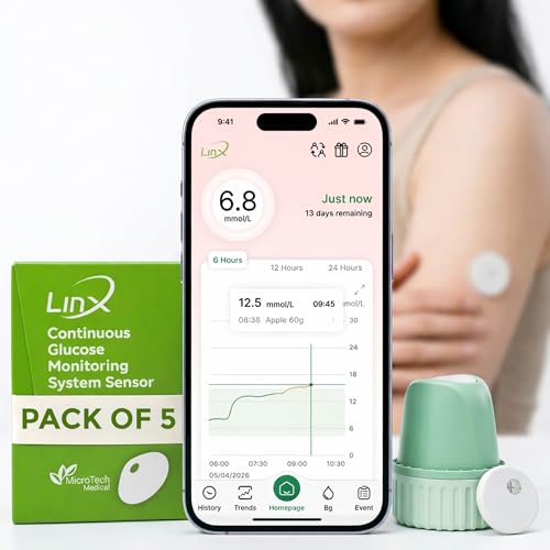Image of LinX CGM Smart Continous Glucose Monitoring I Real time Sugar Tracking I Bluetooth Enabled | 15-Day Sensor Life | IP68 | Easy one click use I Enhance your lifestyle & optimise diet | Pack of 5