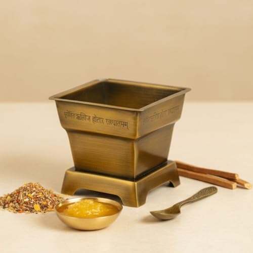 Image of Ritualistic Handcrafted Brass Hawan Kund with Spoon-Small | 100% Pure Brass Havan Kund for Daily Pooja,Yagya & Agnihotra | Antique Finish with Vedic Shloka Engraving | Festival & Housewarming Gift Set