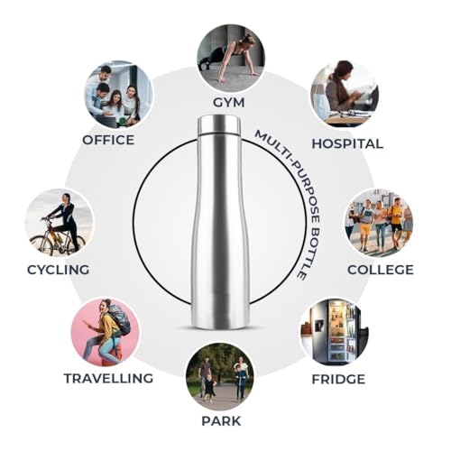 Image of Solimo Water Bottle Quality Hi-Rise Stainless Steel Single Wall 1000ML, Fridge Water Bottle |BPA Free | single wall Leak-Proof, Best for School /Office /Home /College /running (Pack 6)