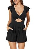Smismivo Swim Romper with Built in Bra and Pockets Modest Swimsuits for Women Cutout One Piece Bathing Suit Sleeve Boyleg Jumpsuit Full Coverage Ruffle Swim Dress Swimming 1 Piece Swimwear (Black)
