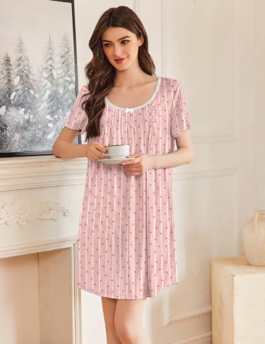Image of Ekouaer Nightgowns for Women Pleated Sleep Shirts Short Sleeve Night Shirts