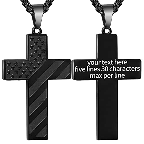 Duodiner Black Custom American Flag Cross Stainless Steel Necklace Pendant Chain For Men Boys Customize Engraved Engravable Customized Personalized Christmas Gift #TOP7