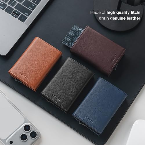 Image of VULKIT Pop up Card Wallet Minimalist Cash Wallets RFID Blocking Leather Smart Credit Card Holder with ID window for Men, Top-Grain Cowhide Litchi Brown, Compact, Minimalist