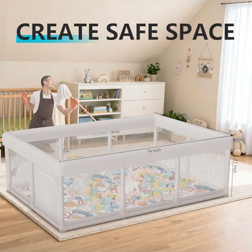 Image of Baby Playpen 74x50 in PlayPen for Babies and Toddlers, Large Play Yards for Indoor & Outdoor with Zipper Gates, Breathable Mesh with Mat