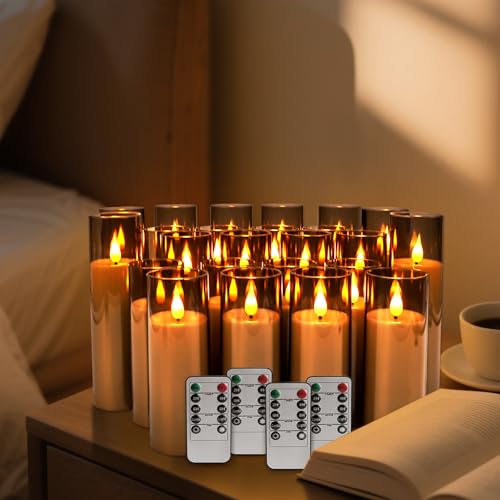 Image of 24 Pack LED Gray Flameless Candles with Remote, 3D Flickering Battery Operated Candles in Glass Holders, Safe for Weddings, Parties, Home and Outdoor Decor.