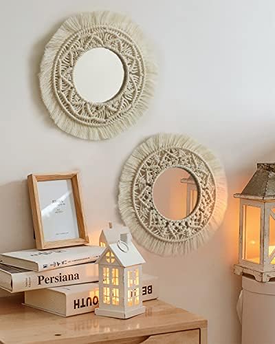 Nice Dream Wiszące lustro ścienne z makramą, frędzle, 2 szt., boho, okrągłe, antyczne, splotowe, dekoracja ścienna, dekoracja domu, ozdoba, rękodzieło, prezent