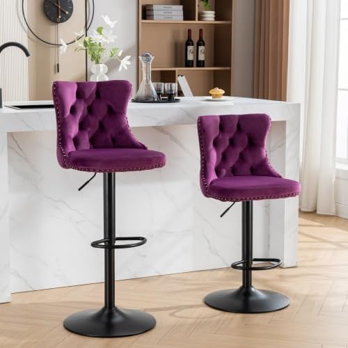Set of 2 Swivel Velvet Barstools Adjusatble Seat Height Modern Upholstered Bar Stools with Backs Comfortable Tufted for Home Pub and Kitchen Island (Purple)