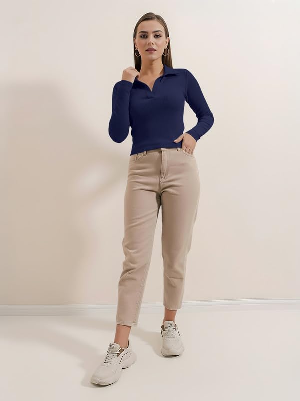 Image of Dream Beauty Fashion Women's Collared Neck Long Sleeve Slim Fit Casual Tee Top, 23 inch inches (Apple-01-P)