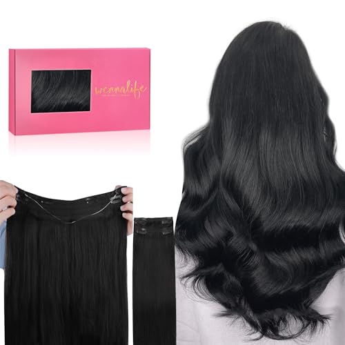Image of WENNALIFE Wire Hair Extensions Real Human Hair 14 inch 105g Jet Black Remy Real Hair Extensions Invisible Wire Human Hair Natural Looking Easy to Apply Reusable for Volume and Length Straight Hair