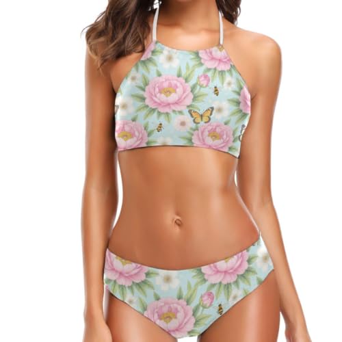 Bikini dos nu femme slip coupe haute extensible rose papillon
