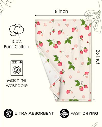 Image of Miss Adola 150GSM Flour Sack Kitchen Towels Set of 2, Strawberry | 18 inchx26 inch, Lightweight, Lint-Free, Pure Cotton, Decorative, with Hanging Loop, Absorbent, Softer after Wash, Giftable Package