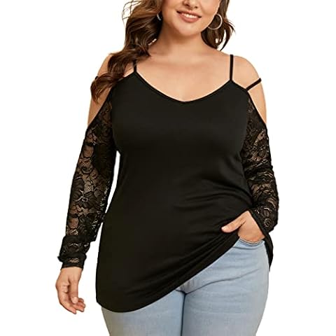 YOINS Womens Long Sleeve Tops Plus Size Ladies Tunic Tops Off Shoulder rund Neck Shirts Slim-fit B-Black XXL Cover
