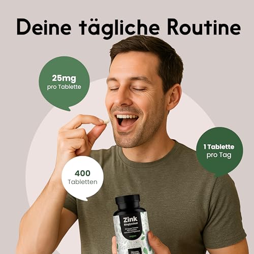 Zink Tabletten hochdosiert 25mg - 400 Tabletten hochdosiert mit Zink-Bisglycinat - Vegan und produziert in Deutschland - Laborgeprüft - Verpackung kann variieren