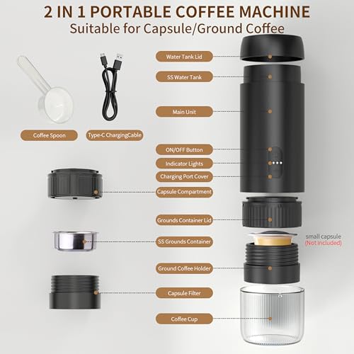 OrkeyDolk® 2-in-1 Tragbare Elektrische Espressomaschine, Reise-Kaffeemaschine für Camping, Auto-Kaffeemaschine mit USB-C, kompatibel mit Kaffeepulver und Kapseln für Wohnmobil, Wandern, Büro