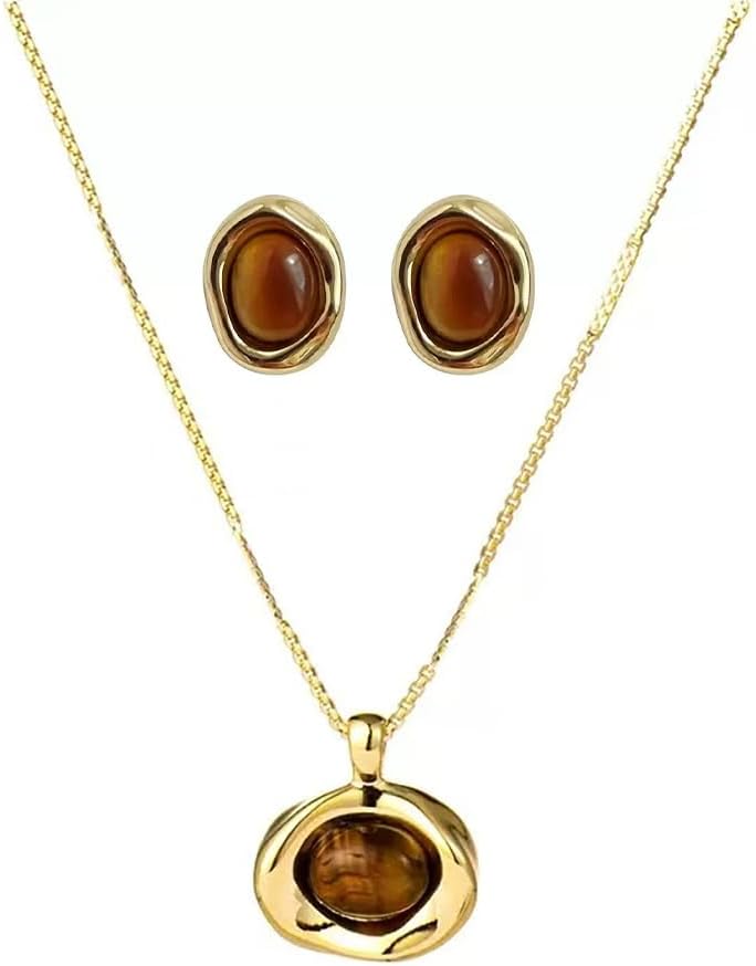 Gold Tigers Eye Stone Necklace Earrings Set Chunky Gemstone Pendent Dangle Necklace Prom Fashion Jewelry Gifts