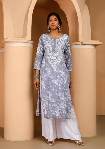 Image of GoSriKi Cotton Blend Embroidered Straight Kurta for Women | Cotton Blend Pink | 3 /4 Sleeve | Round Neck V-Slit | Ethnic Wear Casual Wear