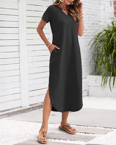Image of MISFAY Women's Summer Maxi Dress 2026 Casual Short Sleeves V Neck Loose Sundress Split Long Beach T Shirt Dress
