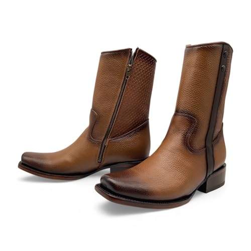 Men’s Genuine Leather Midcalf Western Cowboy Boot, With Side Zipper, Square Toe2