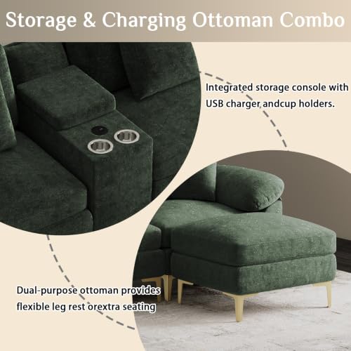 Image of OUYESSIR U-Shaped Sectional Sofa Couch, 4 Seat Sofa Set for Living Room, Convertible U-Shaped Chenille Couch Set with USB Port Central Console Ottoman,128 inches (Green)