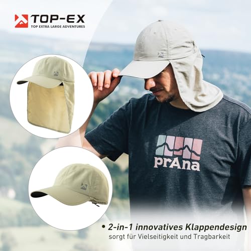 TOP-EX XL/XXL wasserdichte Baseball Cap Herren mit Nackenklappe UV-Schutz Sonnenhüte Damen, Faltbar Sommerhüte Safari Wandern Outdoor-Hut Atmungsaktiv Verstellbar Beige M/L