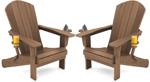 SERWALL Adirondack Chair with Cup Holders - Composite Adirondack Chairs Set of 2 HDPE Outdoor Chairs All Weather Use- Brown