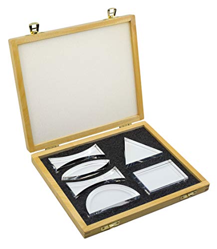 EISCO Prisms & Lenses Set, 6 Pieces - Transparent Acrylic - All Faces Fully Polished - Includes Wooden Storage Box