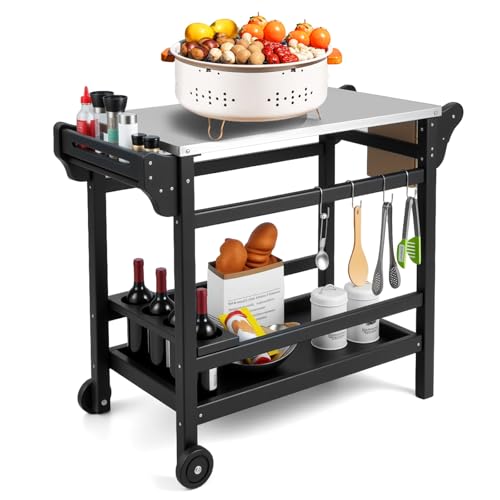 GOPLUS Desserte Plancha Jardin, Chariot Extérieur pour Barbecue à roulettes, Comptoir Acier Inoxydable, Cadre HPDE, Poignée, pour Jardinage, Patio Charge 115+35KG, 105 x 54 x 85 cm