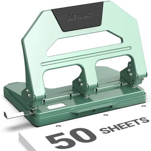 Image of AFMAT Heavy Duty 3 Hole Puncher, 50-Sheet Paper Punch Heavy Duty, 50% Reduced Effort Three Hole Punch, 10K+ Uses, Metal Hole Puncher 3 Ring w /Large Tray, Bulit-in S.S. Paper Guide HPX4(Green)