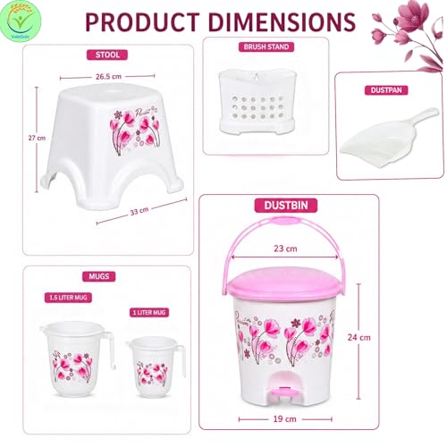 Image of Heavy Duty Virgin Plastic Large Capacity 20L Bucket, 5L Bucket, Stool, 22L Deep Tub, Dustbin,1.5L Mug,1L Mug, Soap Case, Dustpan, Tooth Brush Stand Bathroom Set(White-Pink) - 10 Pieces
