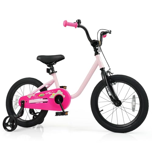 BABY JOY Outer Space Explorer Kids Bike, 16-Inch Children Bicycle with Removable Training Wheels, Adjustable Seat, Front Handbrake & Coaster Brake for 4-7 Years Old Boys and Girls, Toddler Bike-Pink
