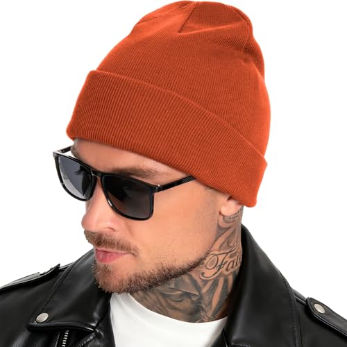 Simapu 100% Cotton Beanie for Women Men Double-Layer Knit Warm Winter Hat Soft Cuff Fisherman Beanies Hats Slouchy Skull Cap Orange