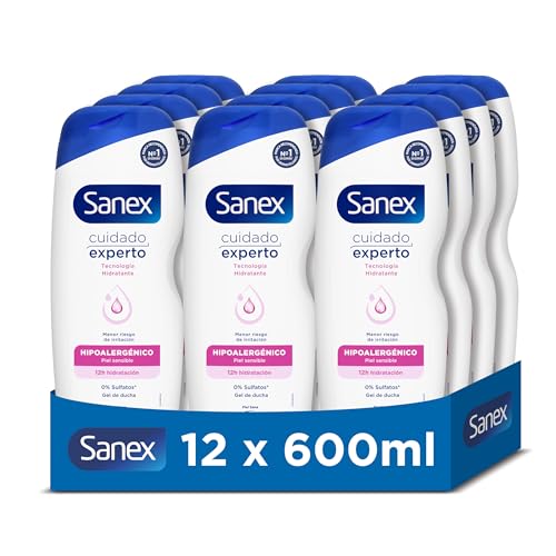 Gel de Ducha Sanex Cuidado Experto Hipoalergénico Pack 12 x 600ml | Gel de Ducha para Piel Sensible | Hidratación 12 horas | Tecnología Hidratante | Dermatológicamente Testado | 0% Sulfatos*