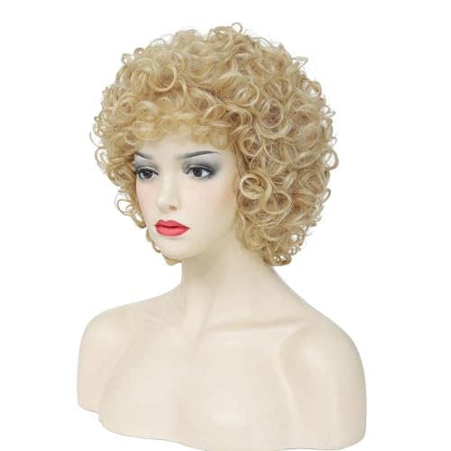 Image of Women's short curly wig, 70s disco style afro wig, wig for Halloween cosplay and parties (Light Blonde)