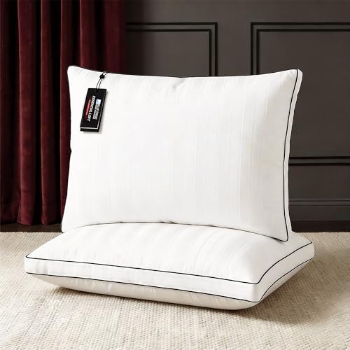 Blue Ridge Home Fashions Luxury Hotel Collection Bed Pillows Queen Size Set of 2, Soft Touch Firm Support 500 Thread Count Damask Stripe Embroidered 100% Cotton Cover, Gusseted Down Alternative