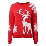 Suéter de Navidad para mujer, de punto, hombros caídos, reno, copos de nieve, cuello redondo, suéter de Navidad, rosso, S