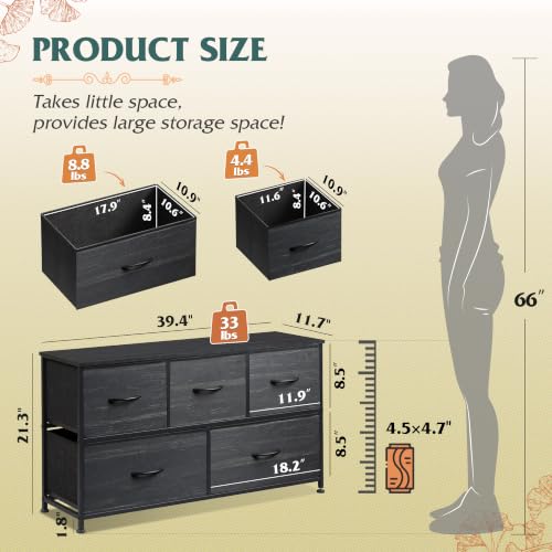Image of WLIVE Wide Dresser for Bedroom, 5 Drawer Chest of Drawers, Black Wood Grain