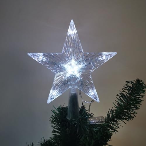 KMQRDZi Enfeite para árvore de Natal com 10 LED com tomada de alimentação, 16 x 16 cm, pentagrama luminoso para árvore de Natal, estrela com ponta (luz branca, 16 x 16 cm)