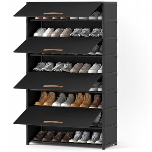 Image of Shoe Storage Organizer Stackable Shoe Box with Door Universal Size Shoe Organizer Multi Purpose Space-Saving Shoe Box for Men and Women (4 Rack) (Black, 8 Layer)