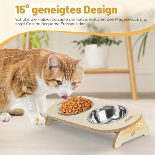 OWill Katzennapf Erhöht, 15° Erhöhte mit Geneigtem Ständer, 2 Katzennapf aus Edelstahl, Futternapf Katze mit Holzständer für Katzen und Welpen