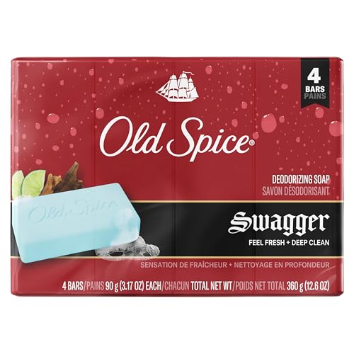 Old Spice Bar Soap for Men, Deodorizing, Feel Fresh & Deep Clean, Invigorating Lather, Swagger with Lime + Cedarwood Scent, 3.17 oz (4 Count)