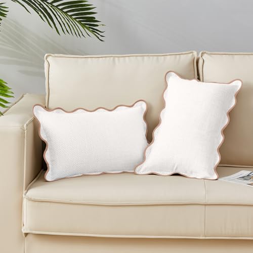 Mayler Yee Scalloped Pillow Covers Set of 2 for Living Room | Spring Decorative Sofa Couch Lumbar Pillows | Boho Sytle Decorative Home | Aesthetic Funky Preppy Pillow Cases (Beige & Brown, 12x20 Inch) by Mayler Yee - Used condition - US$14.17