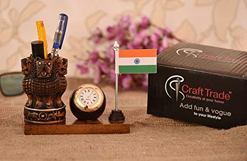 Image of Craft Trade 13x13 Cm Wooden Pen Stand with Clock National Flag Pencil Holder - Dark Brown