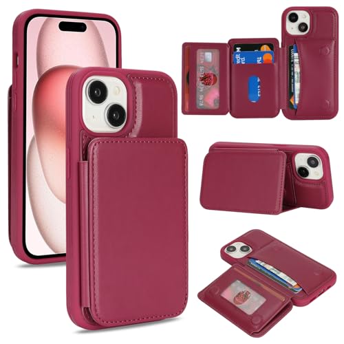Cavor for iPhone 15 Wallet Case with Card Holder, Wine red