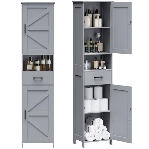 Image of Homhedy 67" H Tall Bathroom Storage Cabinet with 2 Barn Doors and 1 Drawer, Narrow Storage Unit, Adjustable Shelves, Floor Cabinet for Bathroom, Living Room, Entryway, Kitchen, Gray, (15.7" W)
