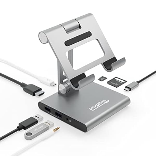 Plugable 8-i-1 USB C-dockningsstation för iPad med stativ, 100 W genomströmningsladdning USB-C-hubb, 1 x HDMI, 2 x USB, ljud och SD, kompatibel med Windows, iPadOS, USB-C-telefoner och surfplatta